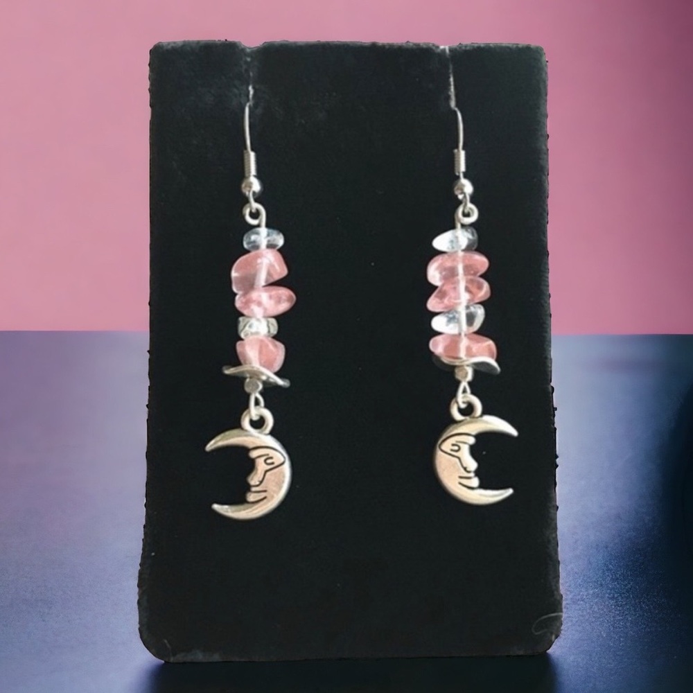 Genuine rose & clear crystal quartz moon earrings
